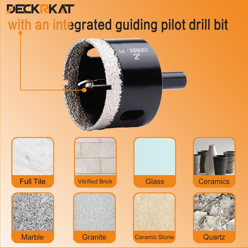 DECKRKAT 2 Inch Diamond Hole-Saw Bits with Pilot Drill Bit - 2pc 2"" Diamond Tipped Tile Hole Saws with Guiding Bit Accurate Drilling for Porcelain Tile Ceramic Pottery Granite Stone Glass Bottles 50mm - Image 5